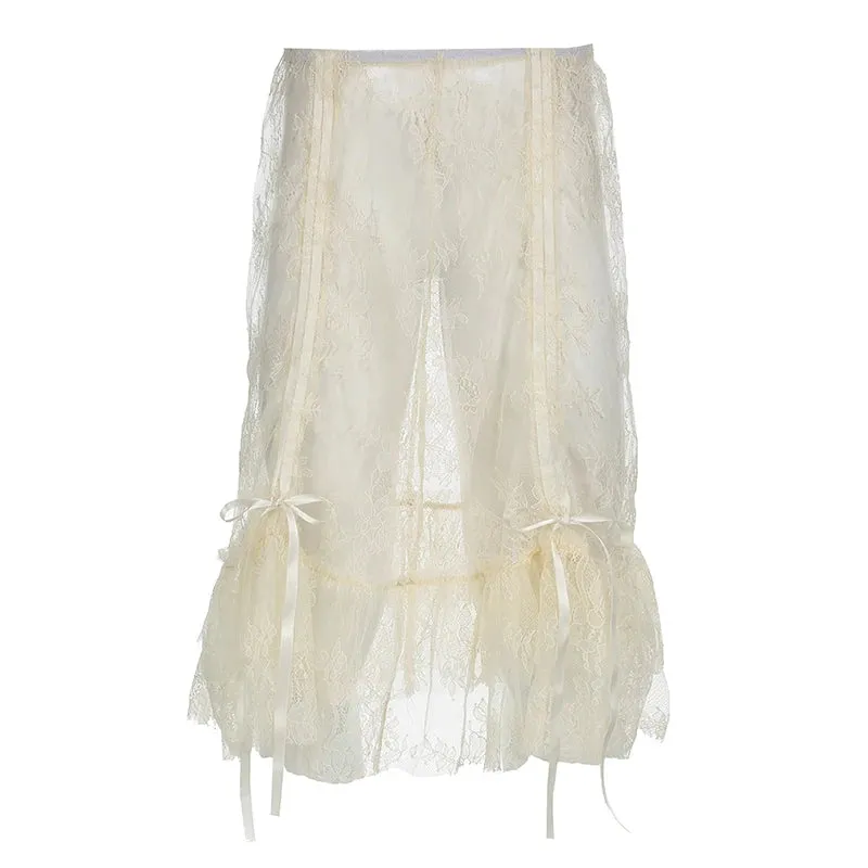 Fashion Sexy Loose Party Lace Skirt Female Drawstring Ruffles See Through Thin Summer Mini Skirt Clubwear Outfits New