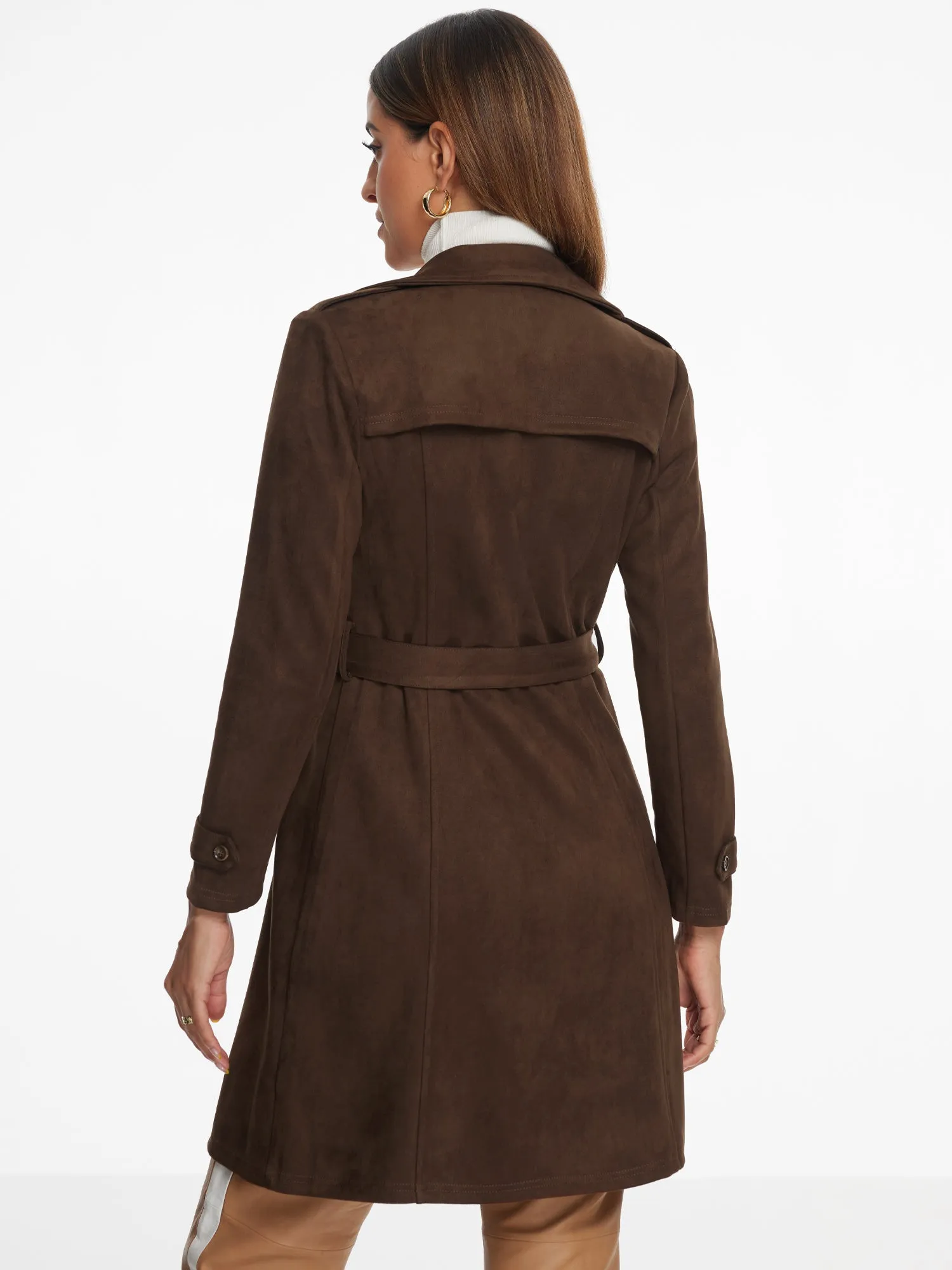 Faux Suede Belted Long Sleeves Zipper Collared Jacket