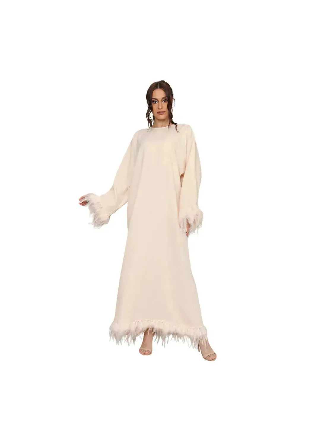 Feather Long Sleeve Middle East Arabic Elegant Round Neck Dress