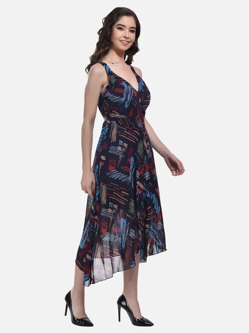 FIMS Fashion Women Georgette Asymmetric Midi Lining Dress Blue