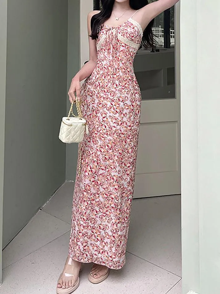 Floral Print Tie Front Maxi A-Line Dress