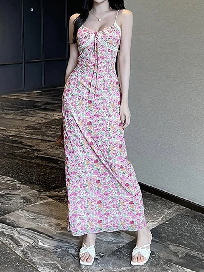 Floral Print Tie Front Maxi A-Line Dress