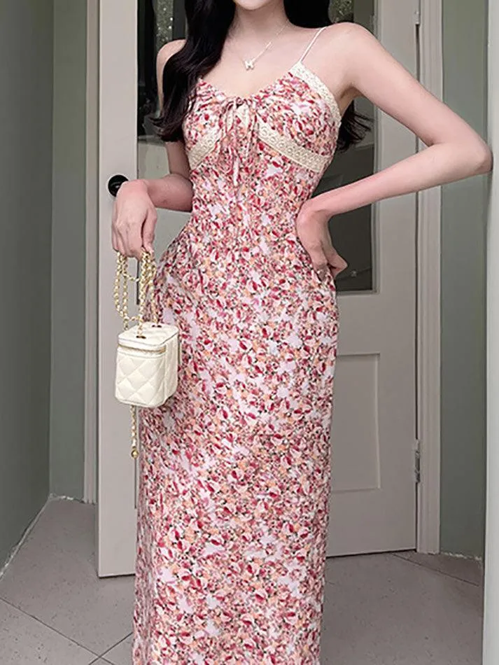 Floral Print Tie Front Maxi A-Line Dress