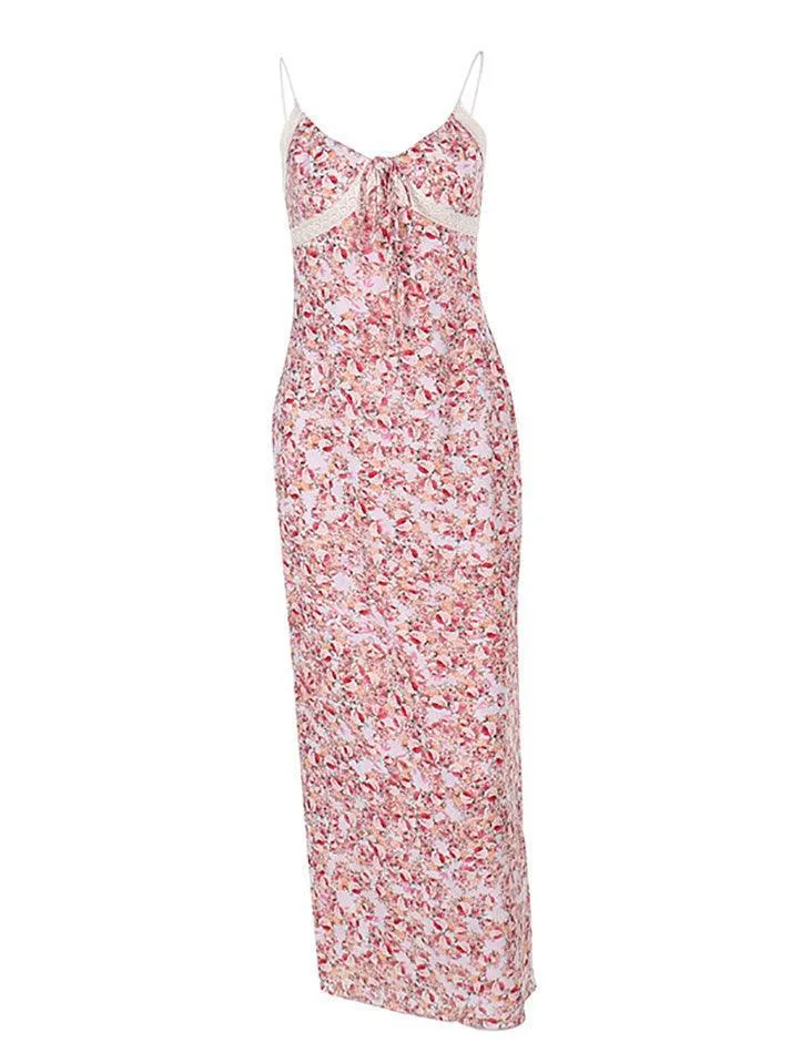 Floral Print Tie Front Maxi A-Line Dress