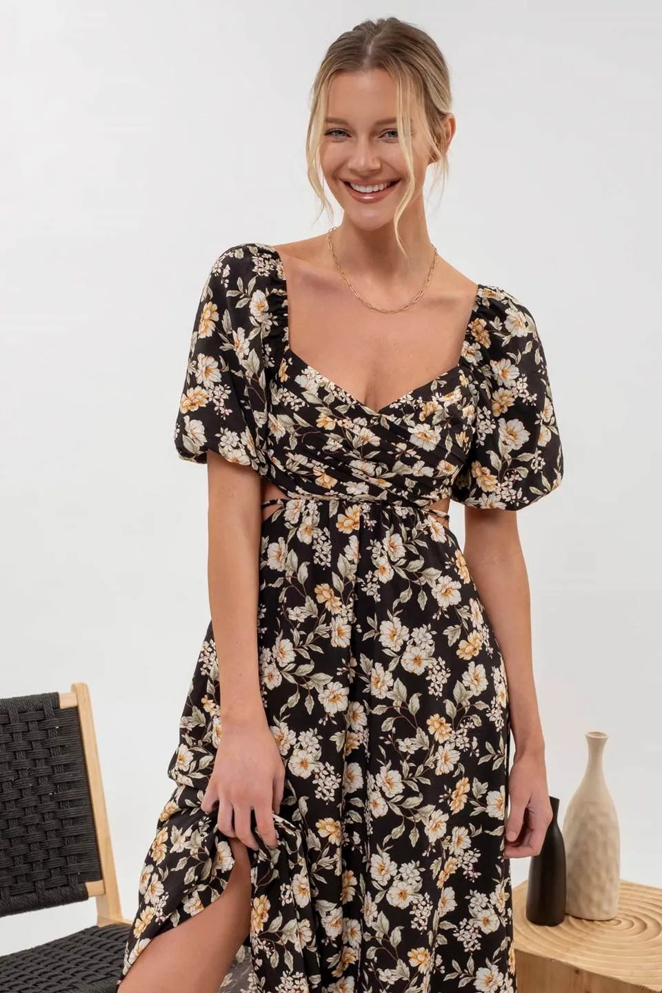 FLORAL PUFF SLEEVE CUT OUT MIDI DRESS