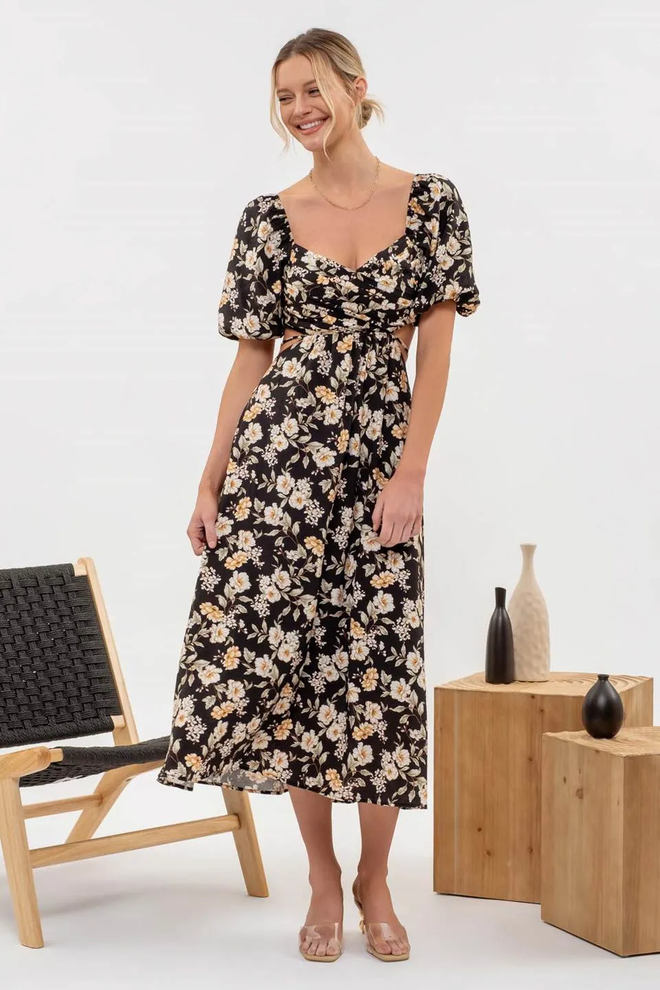 FLORAL PUFF SLEEVE CUT OUT MIDI DRESS