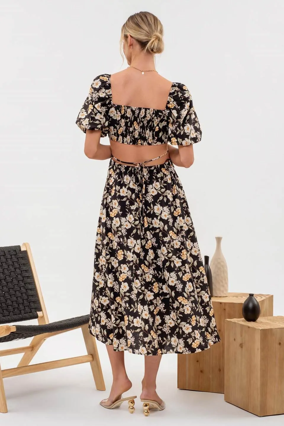 FLORAL PUFF SLEEVE CUT OUT MIDI DRESS