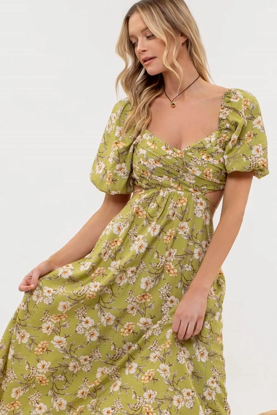 FLORAL PUFF SLEEVE CUT OUT MIDI DRESS