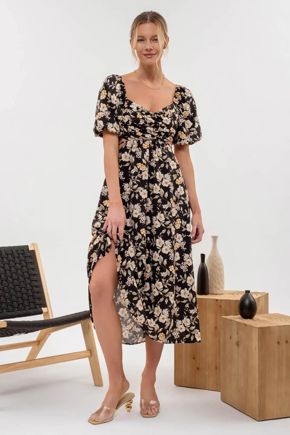 FLORAL PUFF SLEEVE CUT OUT MIDI DRESS