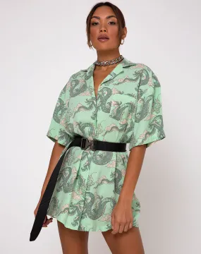 Fresia Dress in Chinese Dragon Neo Mint