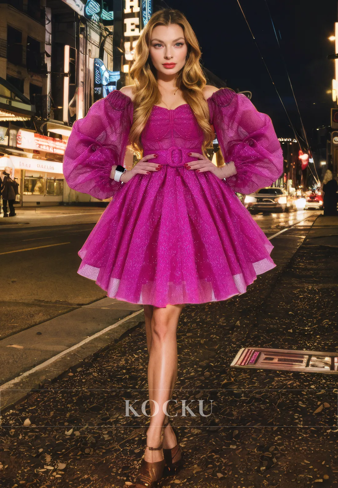 Gorgeous & Charming Off-Shoulder Long sleeves A-Line Tulle Party Homecoming Dress With Belt