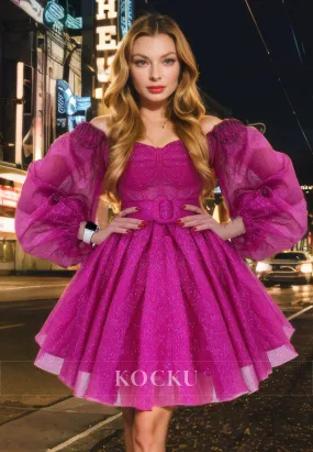 Gorgeous & Charming Off-Shoulder Long sleeves A-Line Tulle Party Homecoming Dress With Belt