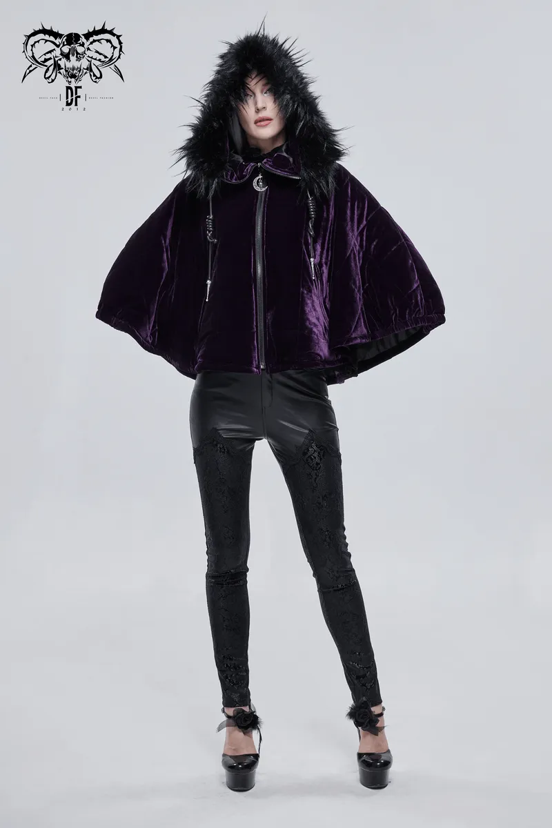 Gothic Faux Fur Hooded Velvet Cape / Warm Purple Zipper Cape for Women