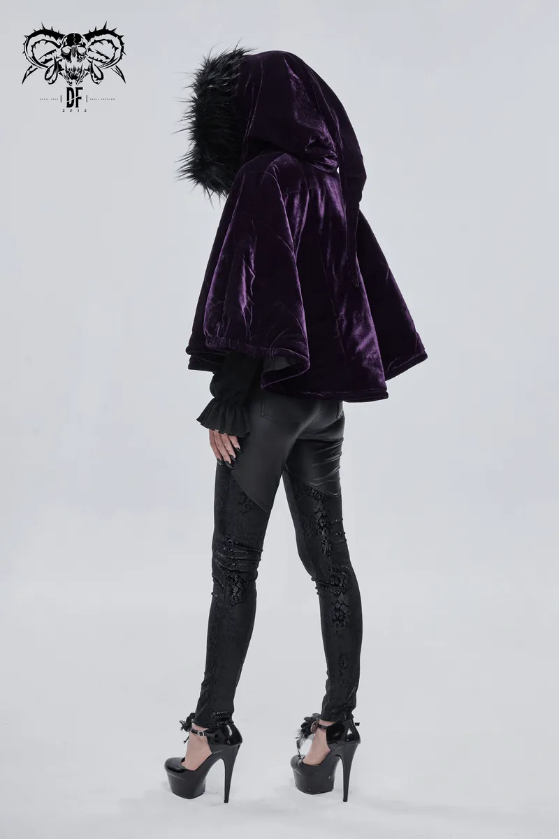 Gothic Faux Fur Hooded Velvet Cape / Warm Purple Zipper Cape for Women