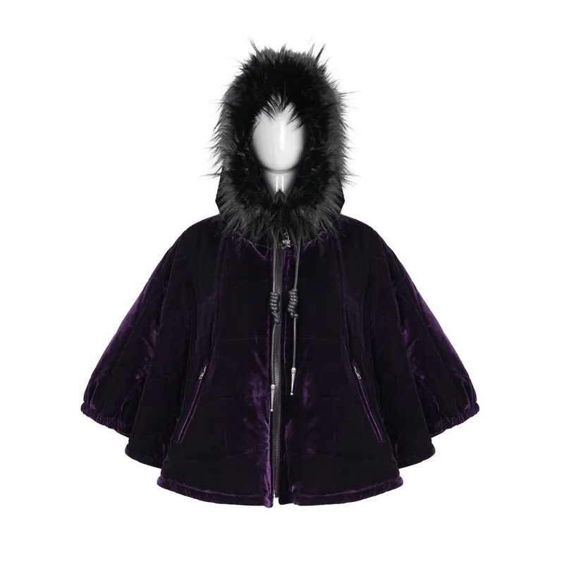 Gothic Faux Fur Hooded Velvet Cape / Warm Purple Zipper Cape for Women