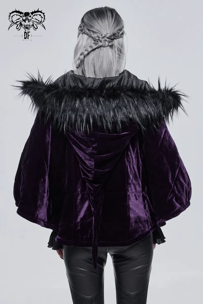 Gothic Faux Fur Hooded Velvet Cape / Warm Purple Zipper Cape for Women