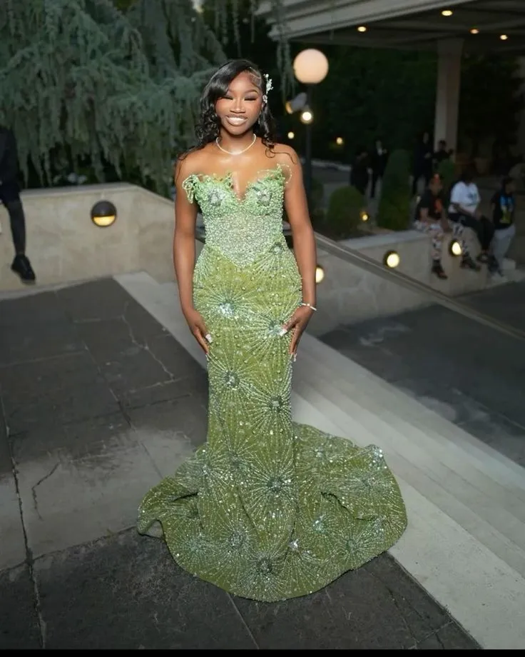 Green Mermaid Long Evening Gown Shinny Prom Dress     fg7075