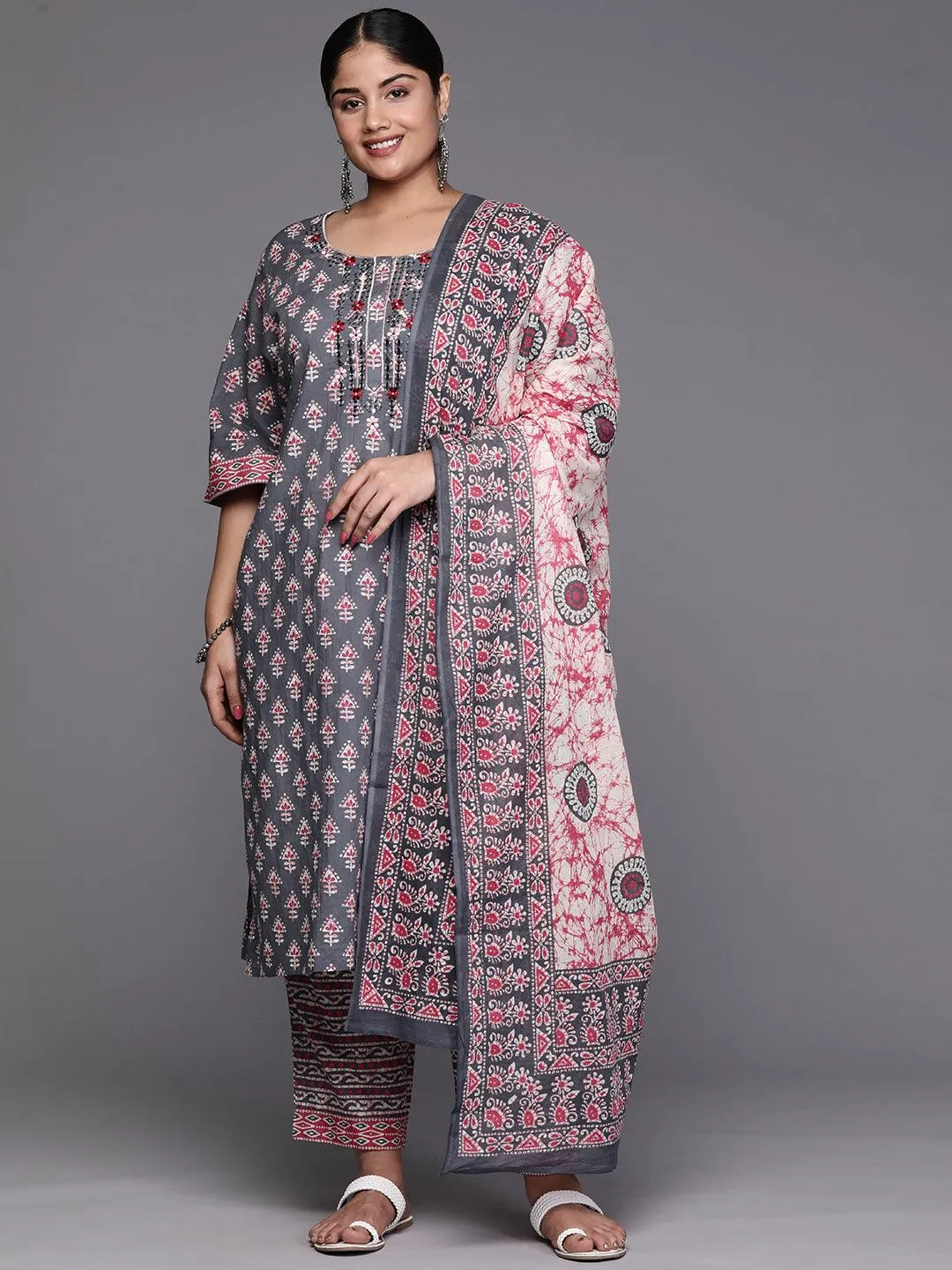 Grey Printed Cotton Straight Kurta With Trousers and Dupatta