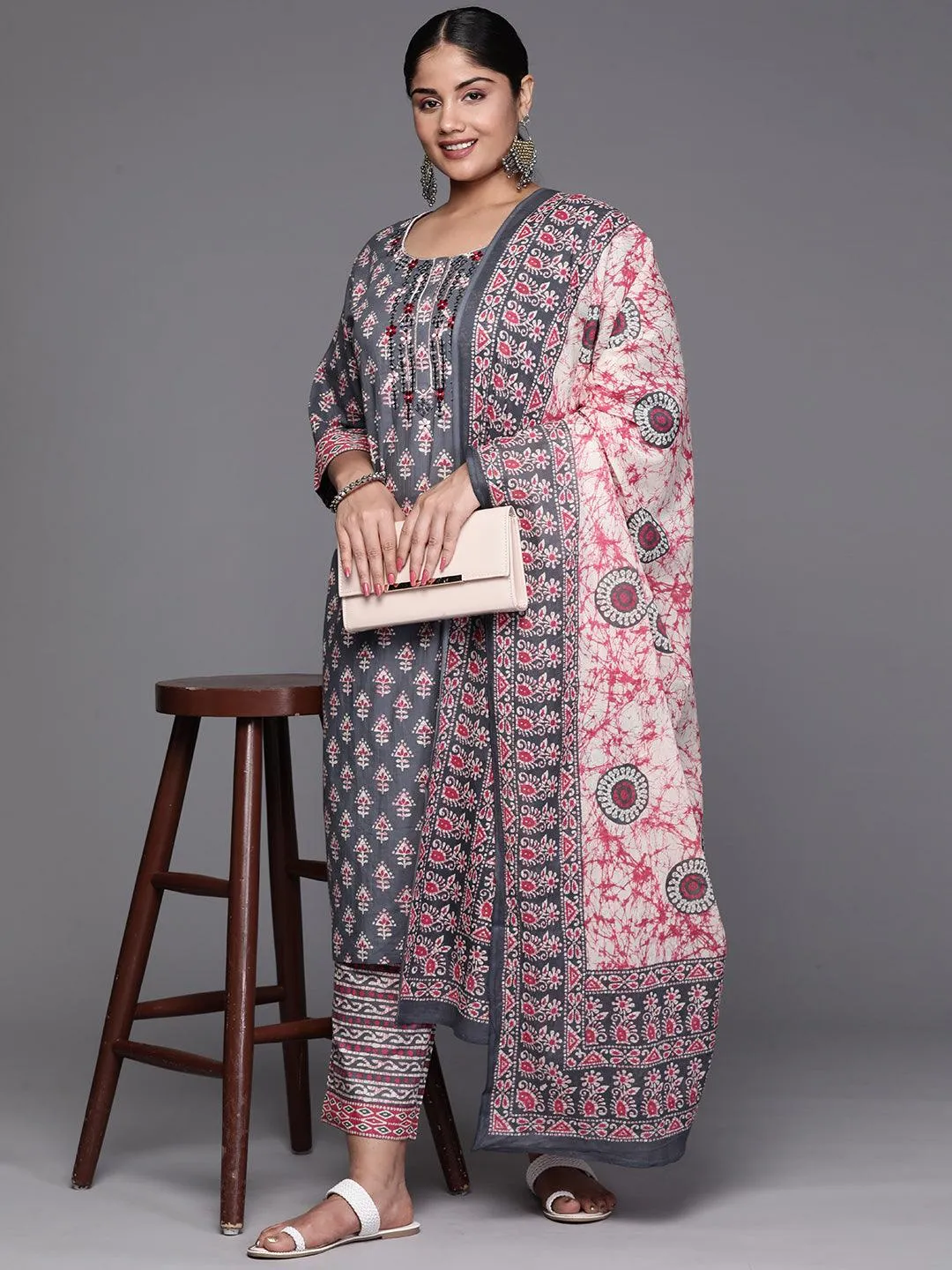 Grey Printed Cotton Straight Kurta With Trousers and Dupatta