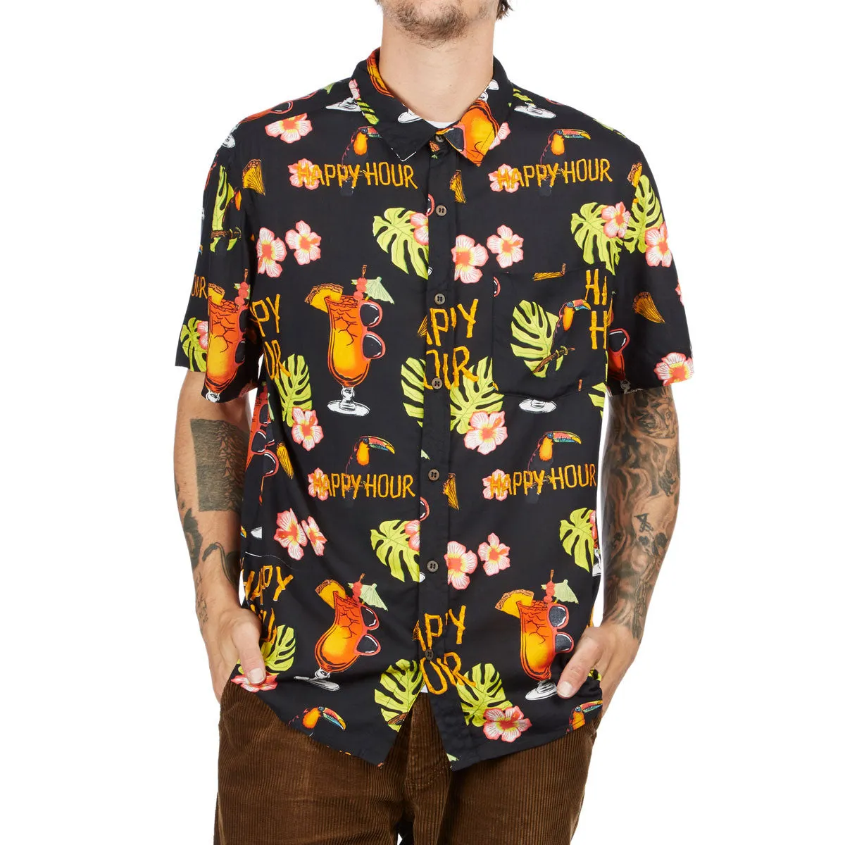 HAPPY HOUR S/S BUTTON UP SHIRT BLACK - TIKI ROOM