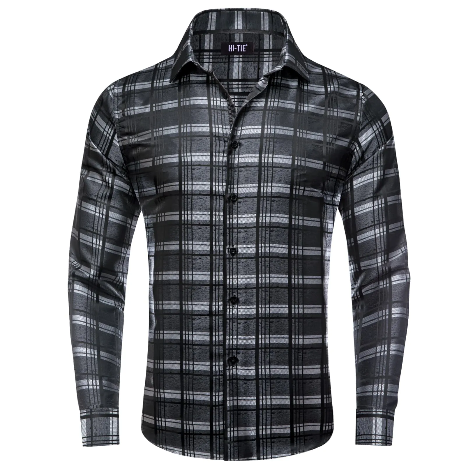 Hi-Tie Grey Shirts Black Checkered Plaid Men's Button Up Dress Shirt