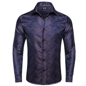 Hi-Tie Paisley Navy Blue Shirt Brown Jacquard Mens Button Down Shirt