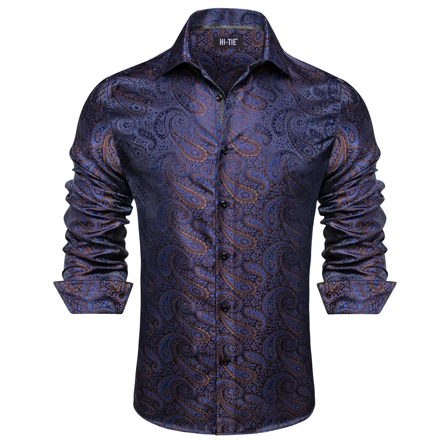 Hi-Tie Paisley Navy Blue Shirt Brown Jacquard Mens Button Down Shirt