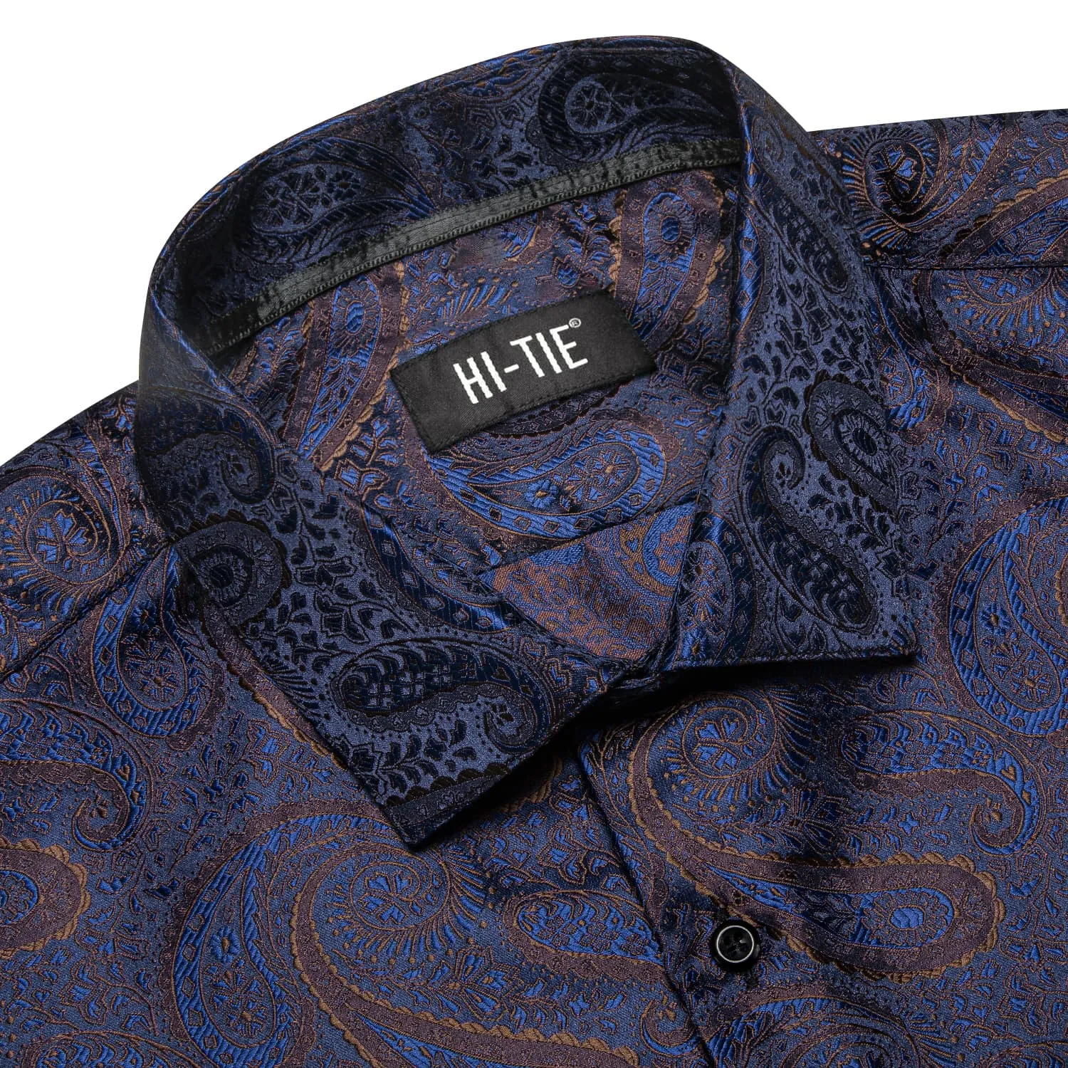 Hi-Tie Paisley Navy Blue Shirt Brown Jacquard Mens Button Down Shirt