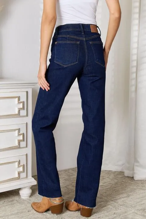 Judy Blue Full Size Raw Hem Straight Leg Jeans with Pockets