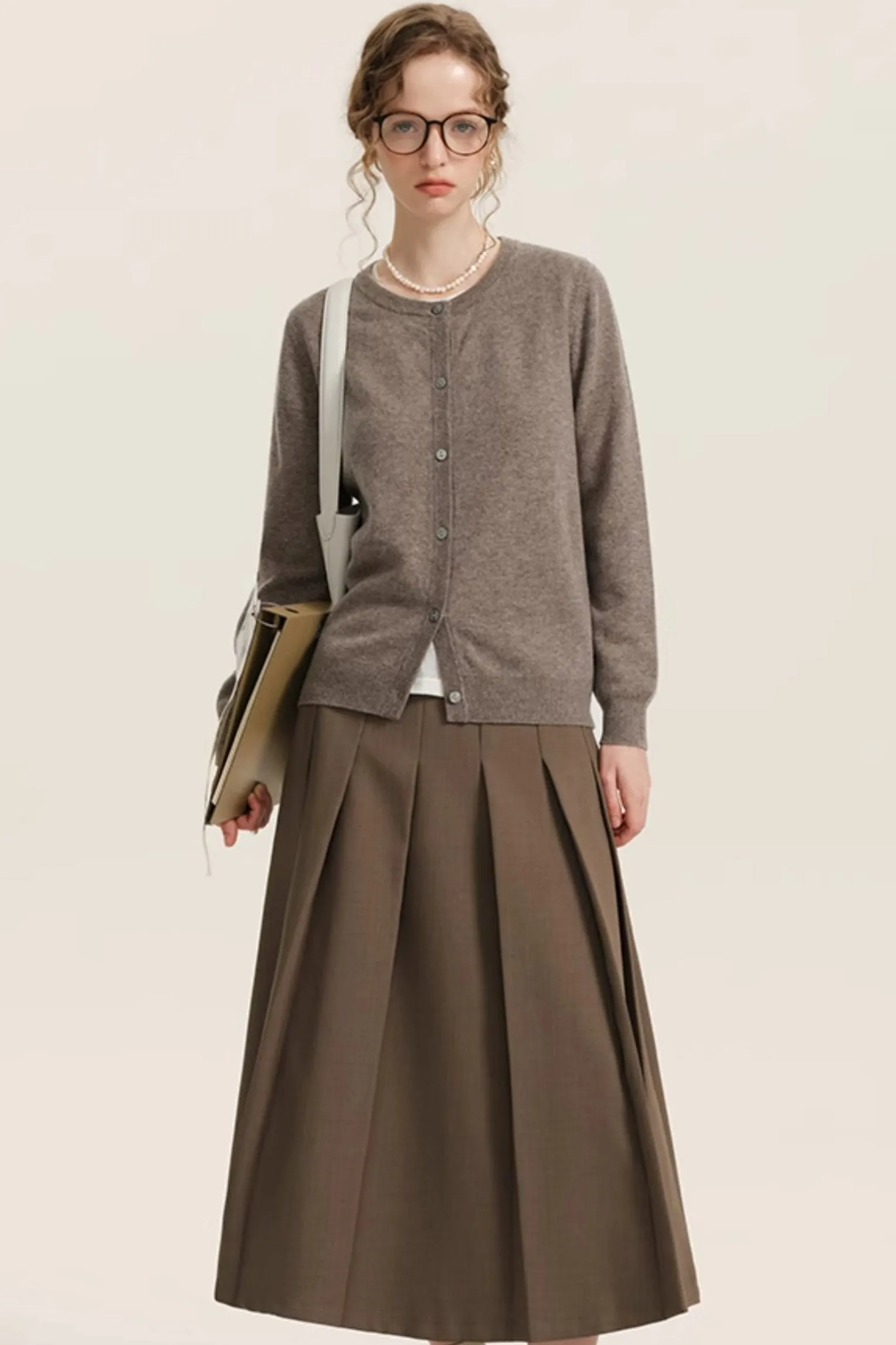 Khaki High-Waisted Pleated Skirt