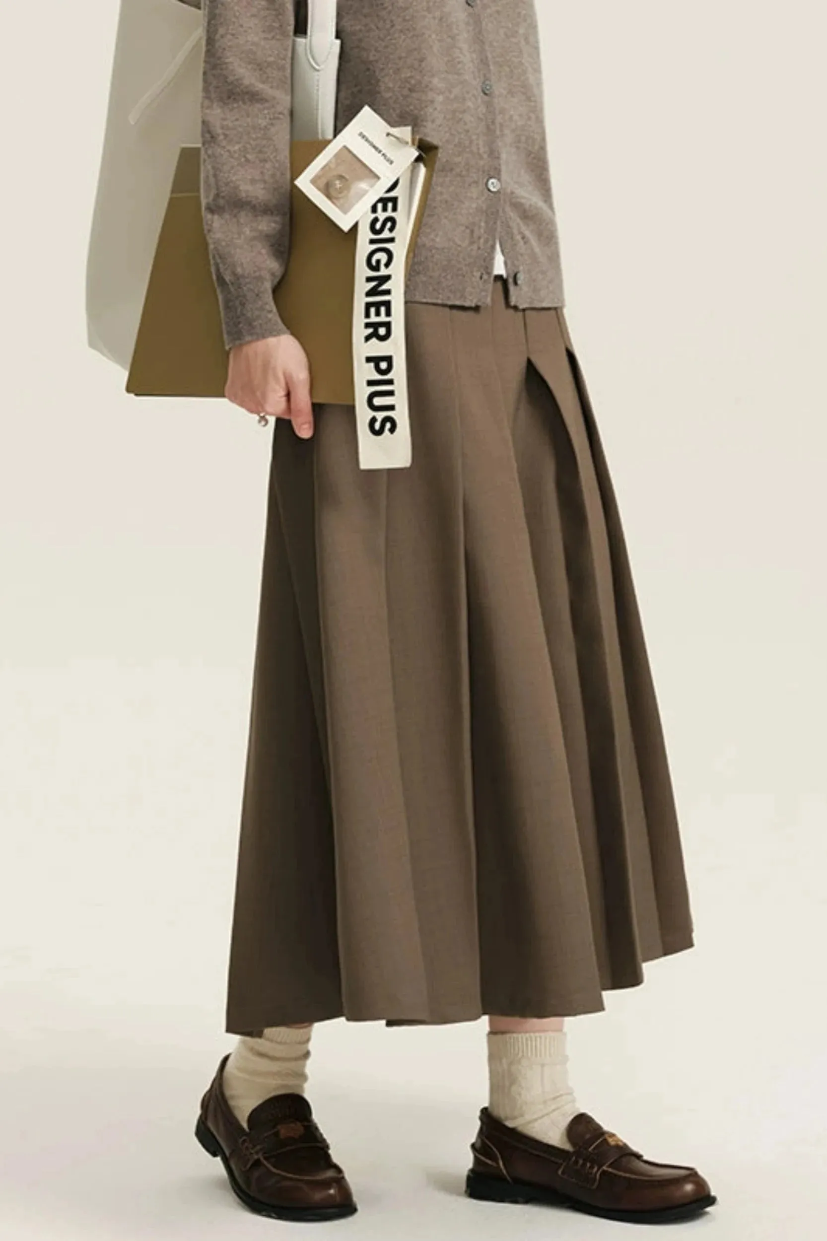 Khaki High-Waisted Pleated Skirt