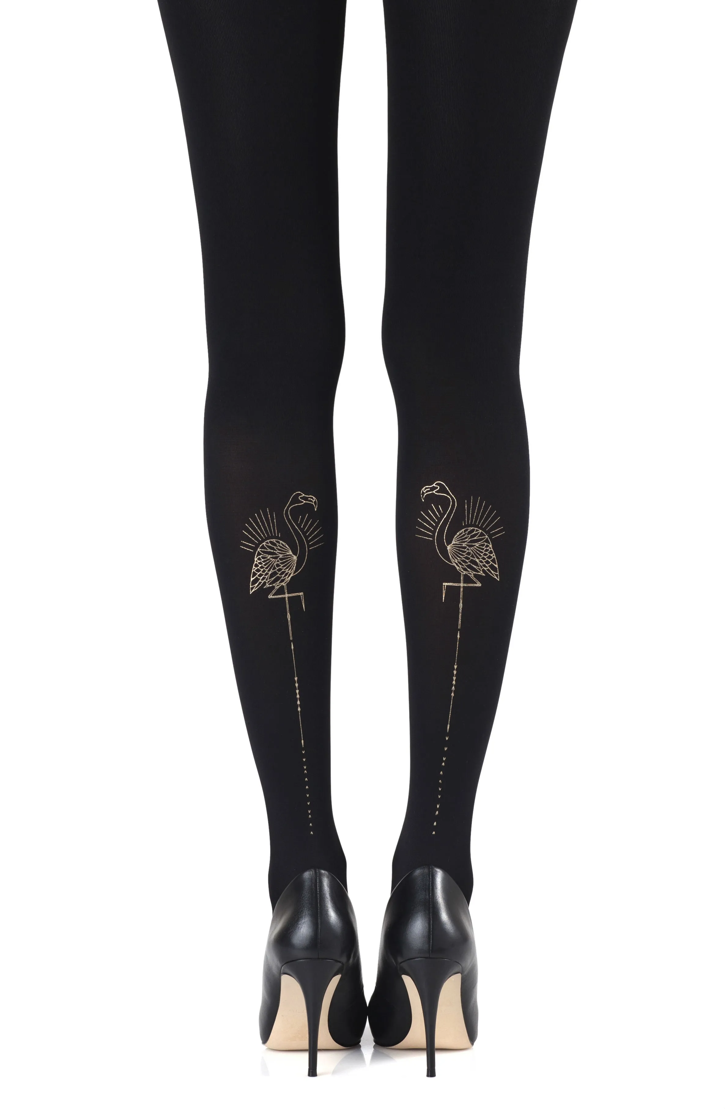 Ladies Fabulous Metallic Gold Flamingo Prints 120 Denier Opaque Black Tights