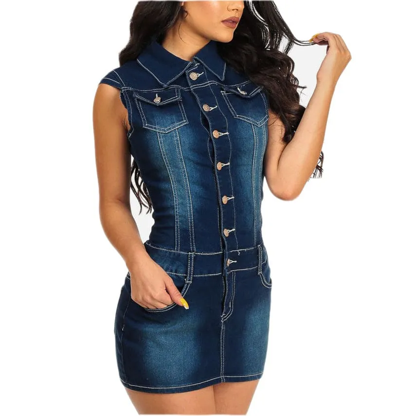 Lapel Collar Side Slant Pocket Buttoned Bodycon Denim Dress