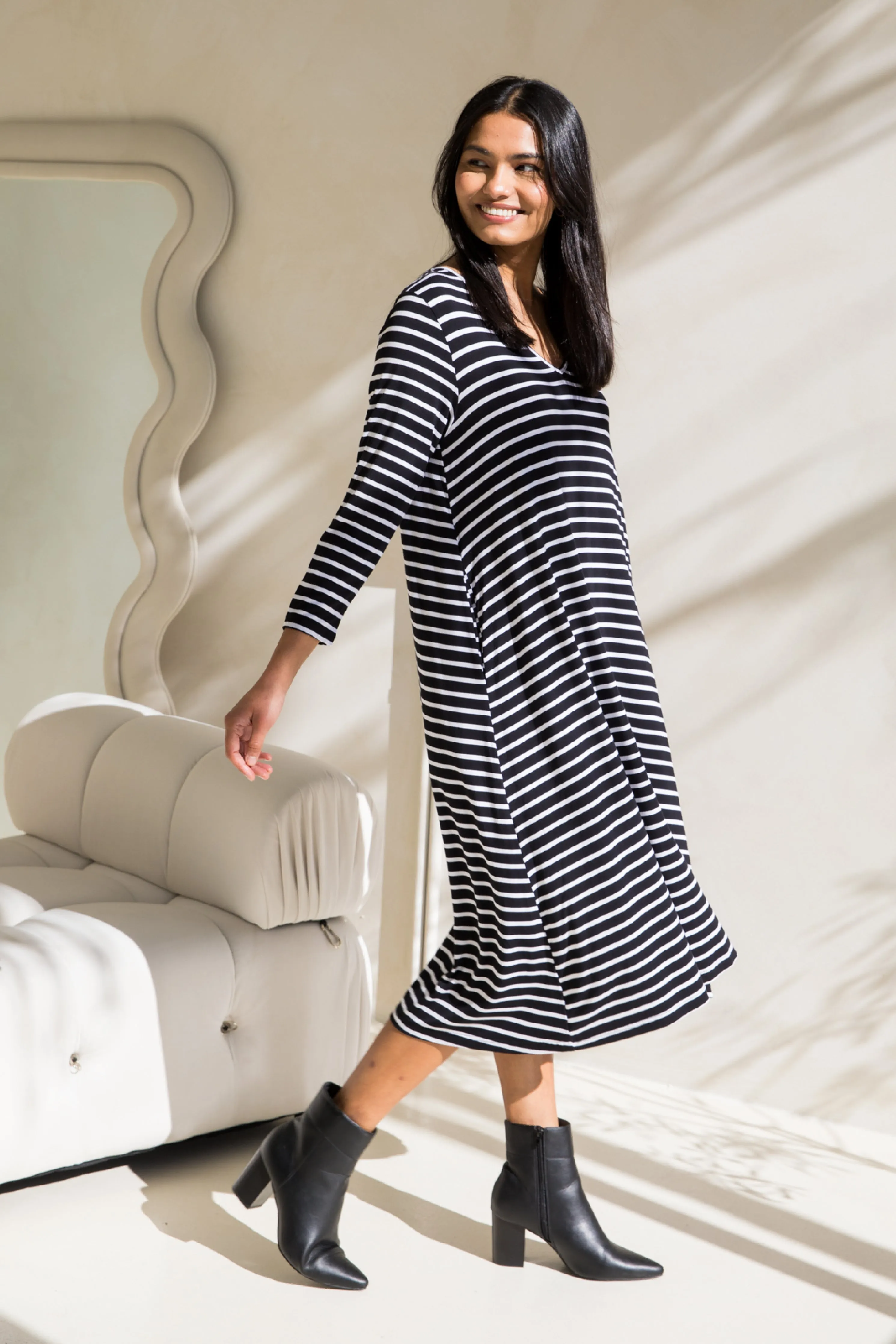 Long Sleeve T-Shirt Dress in Black/White Stripe