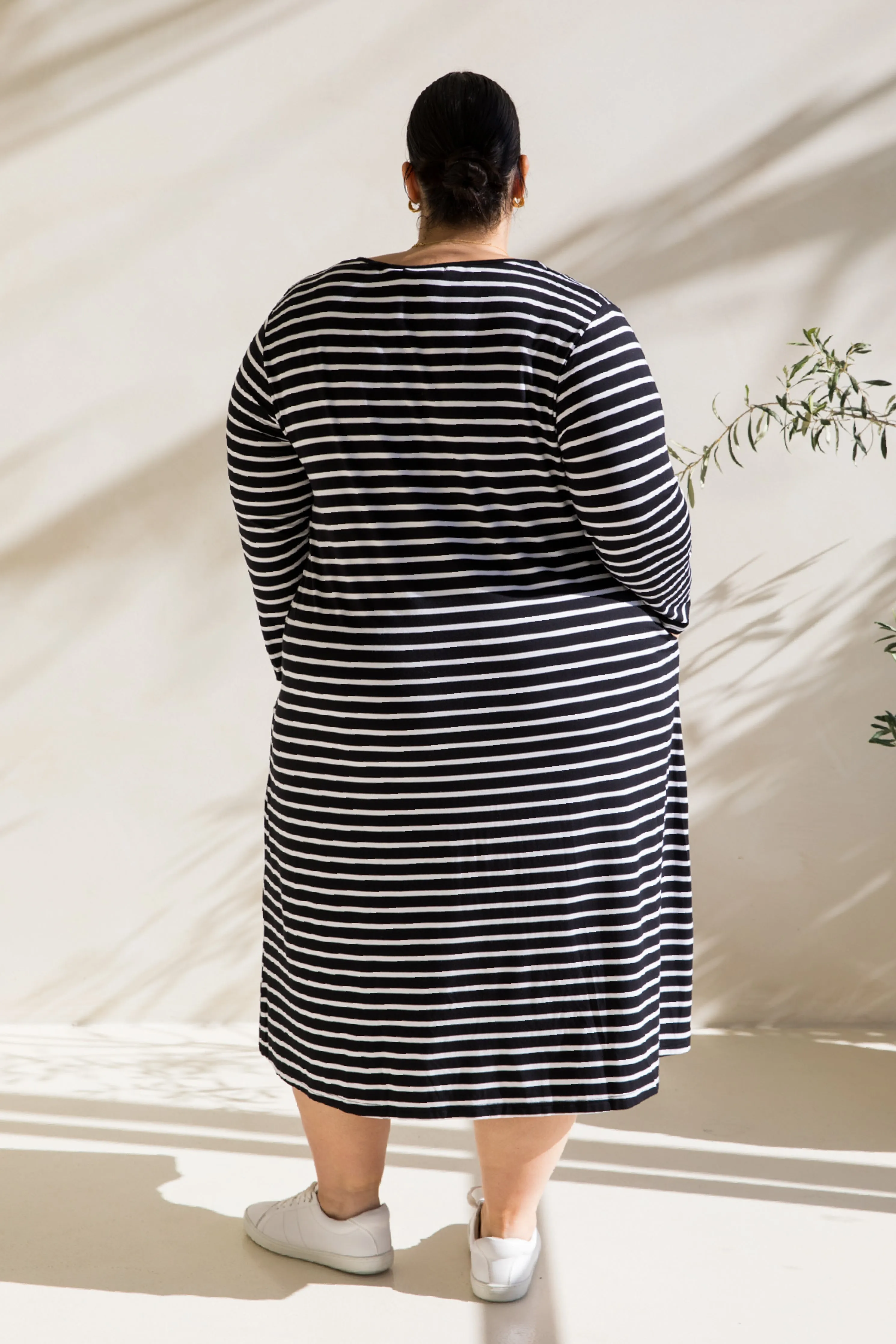 Long Sleeve T-Shirt Dress in Black/White Stripe