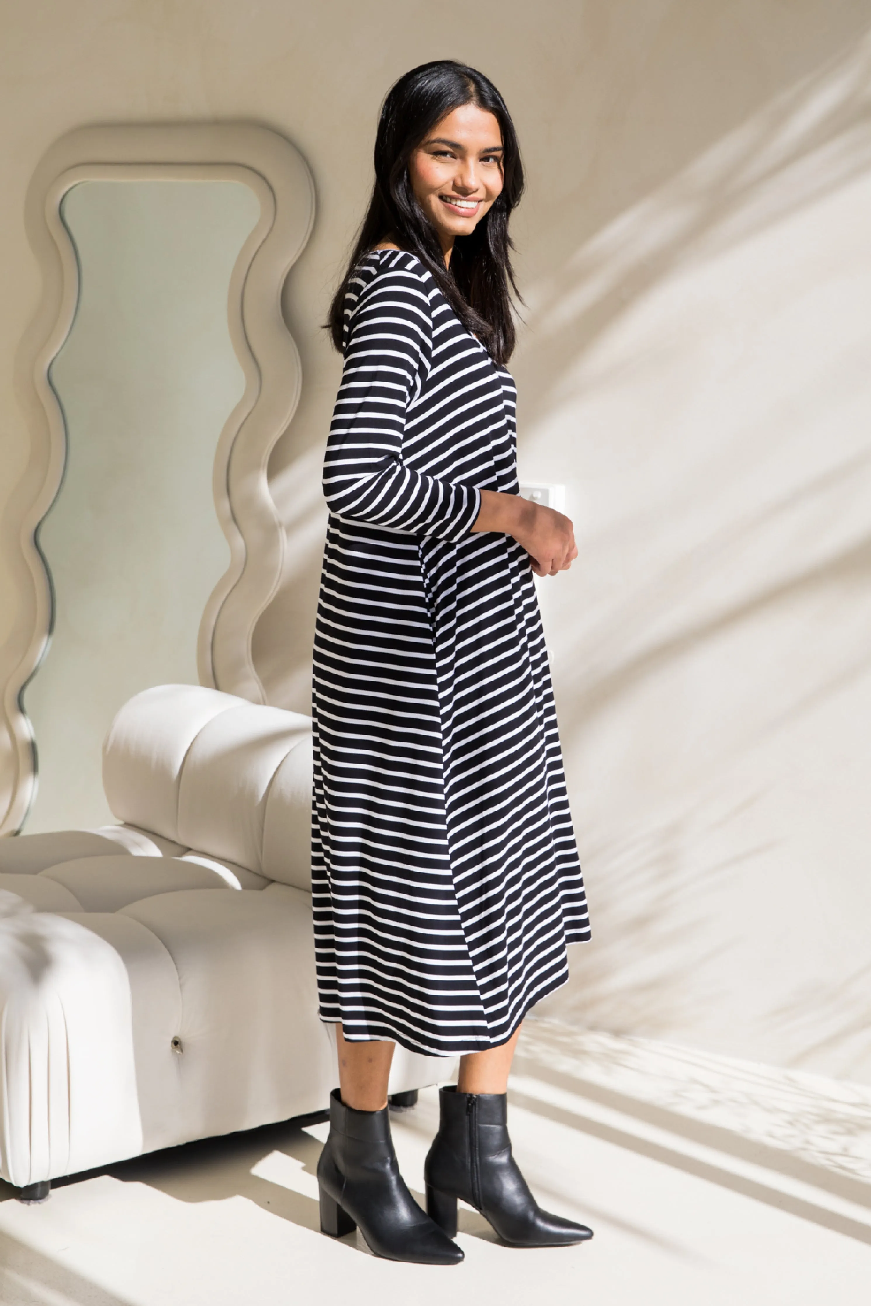 Long Sleeve T-Shirt Dress in Black/White Stripe