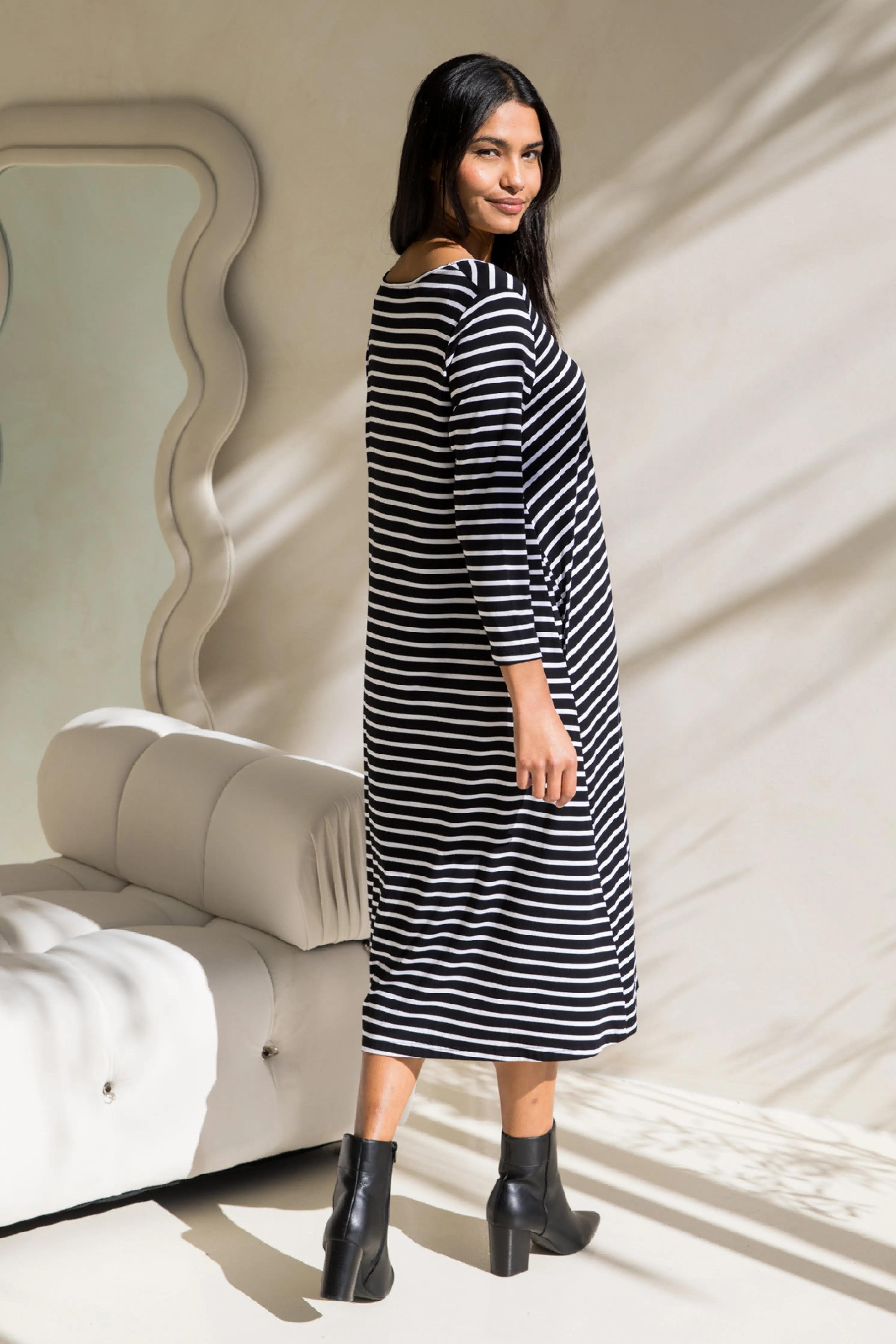 Long Sleeve T-Shirt Dress in Black/White Stripe