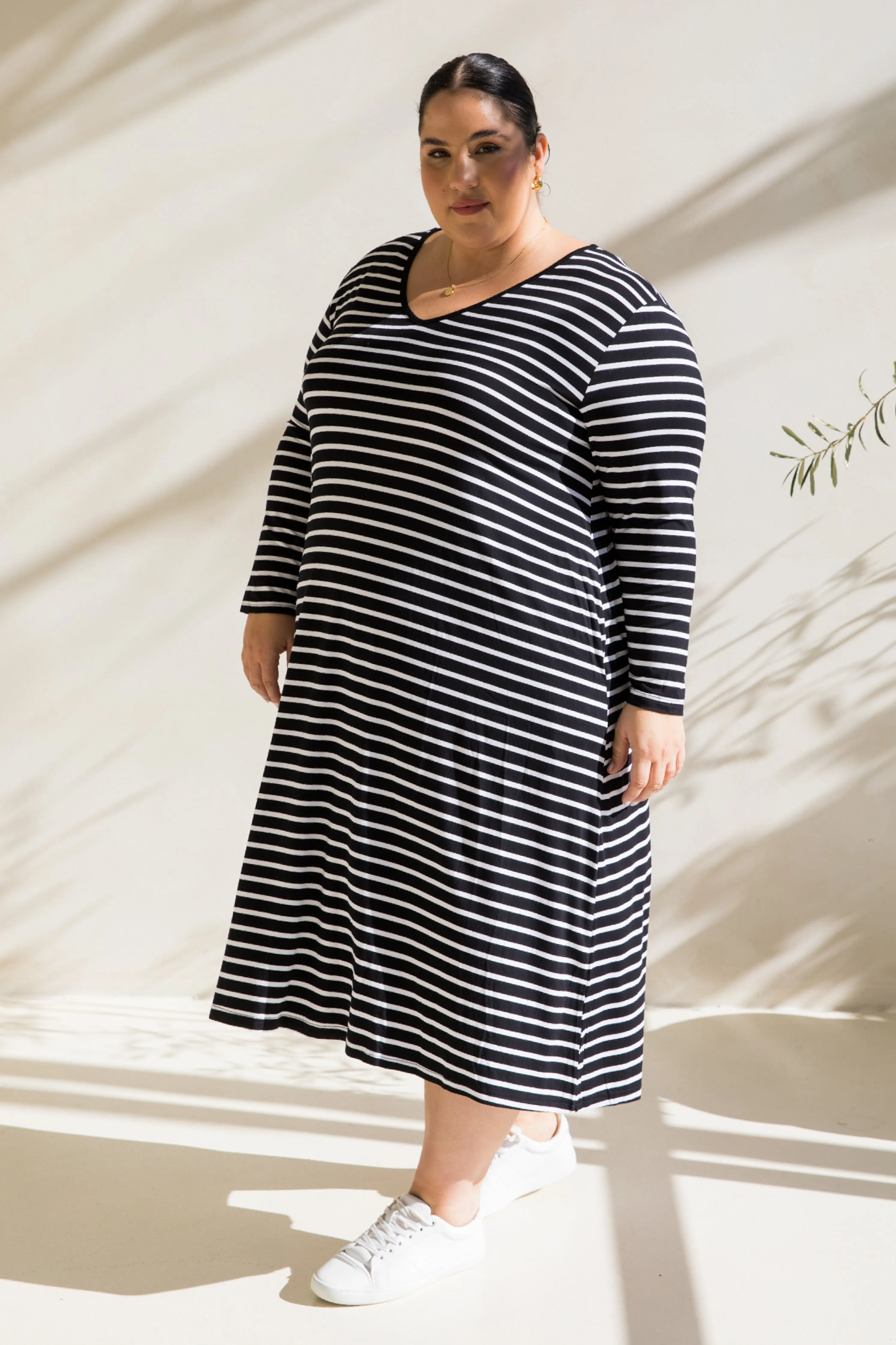 Long Sleeve T-Shirt Dress in Black/White Stripe