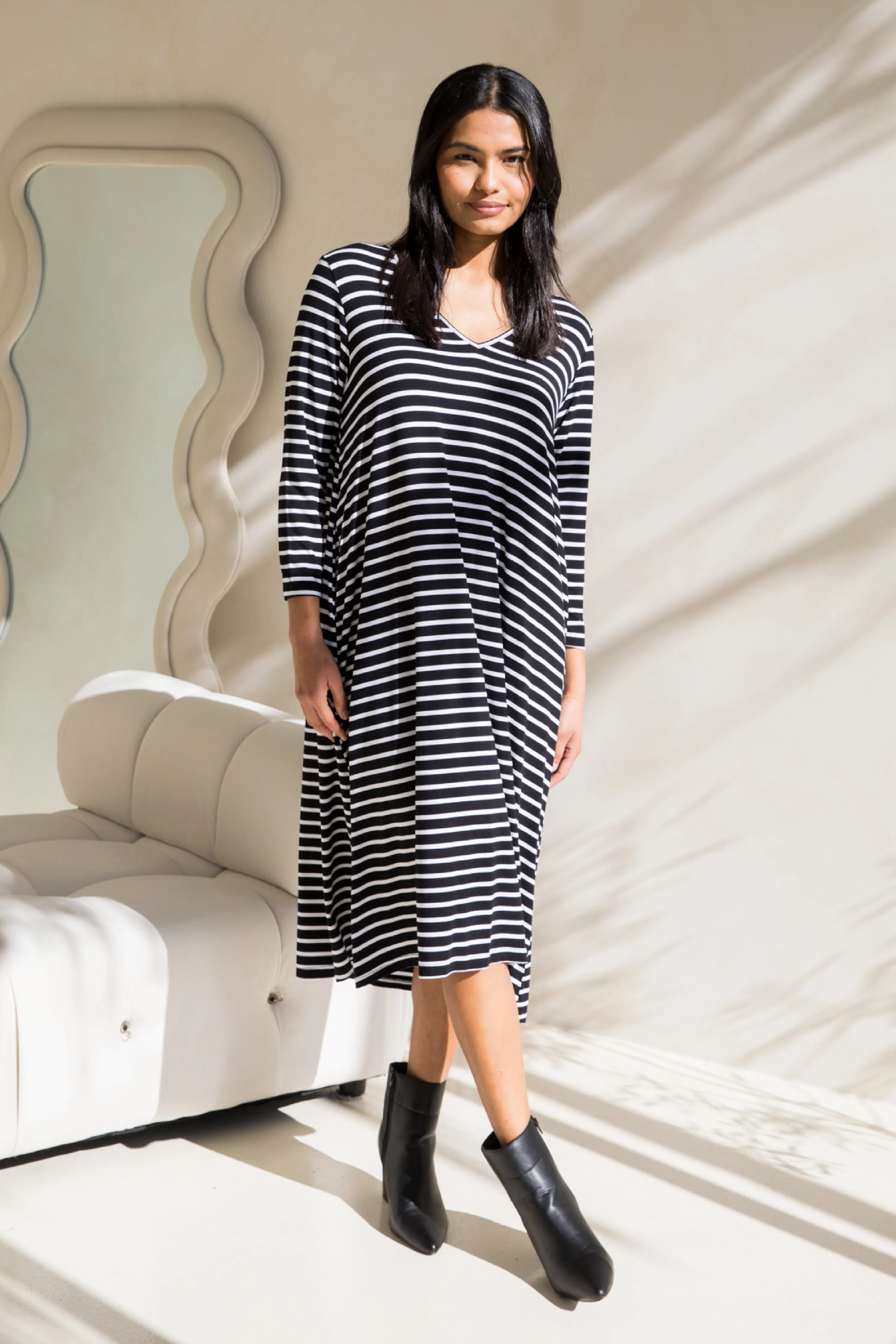 Long Sleeve T-Shirt Dress in Black/White Stripe