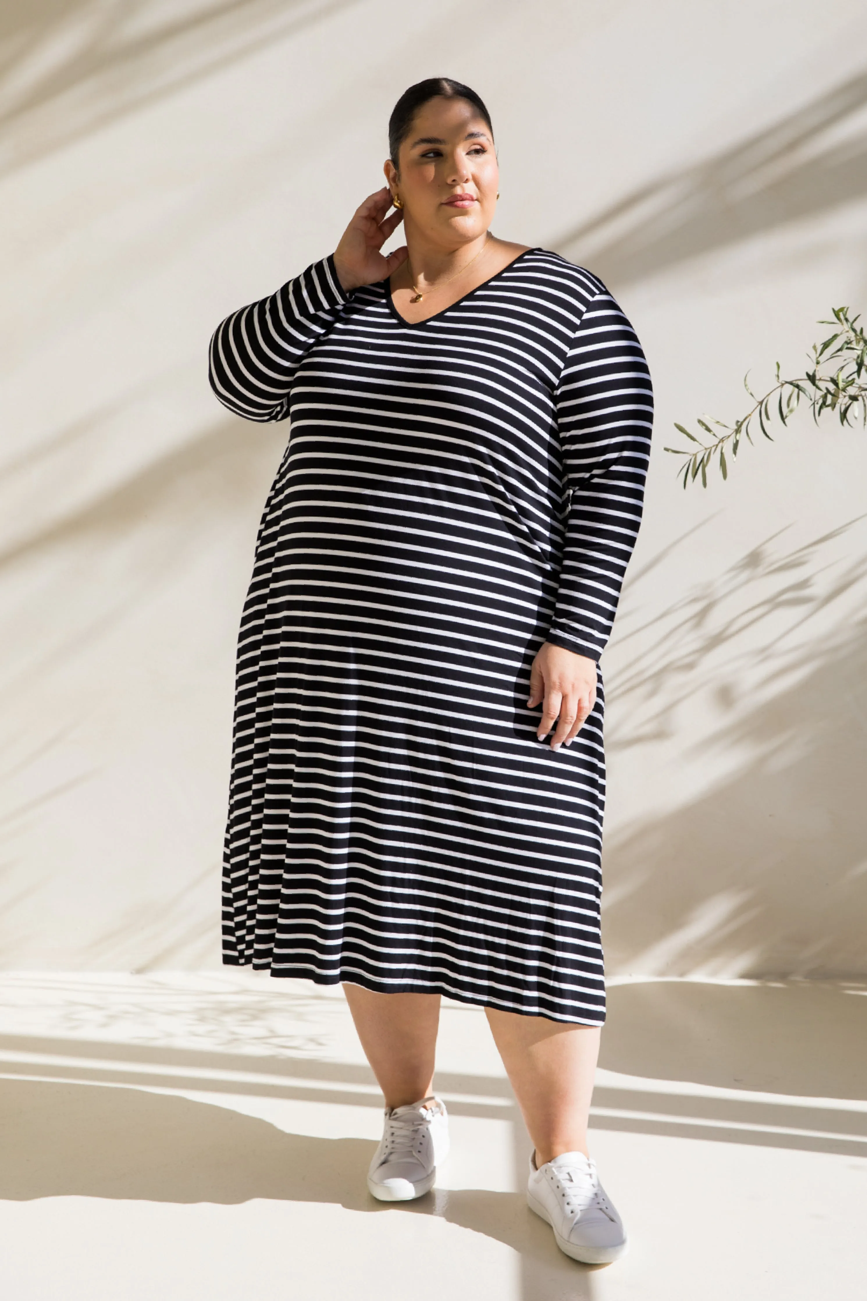 Long Sleeve T-Shirt Dress in Black/White Stripe