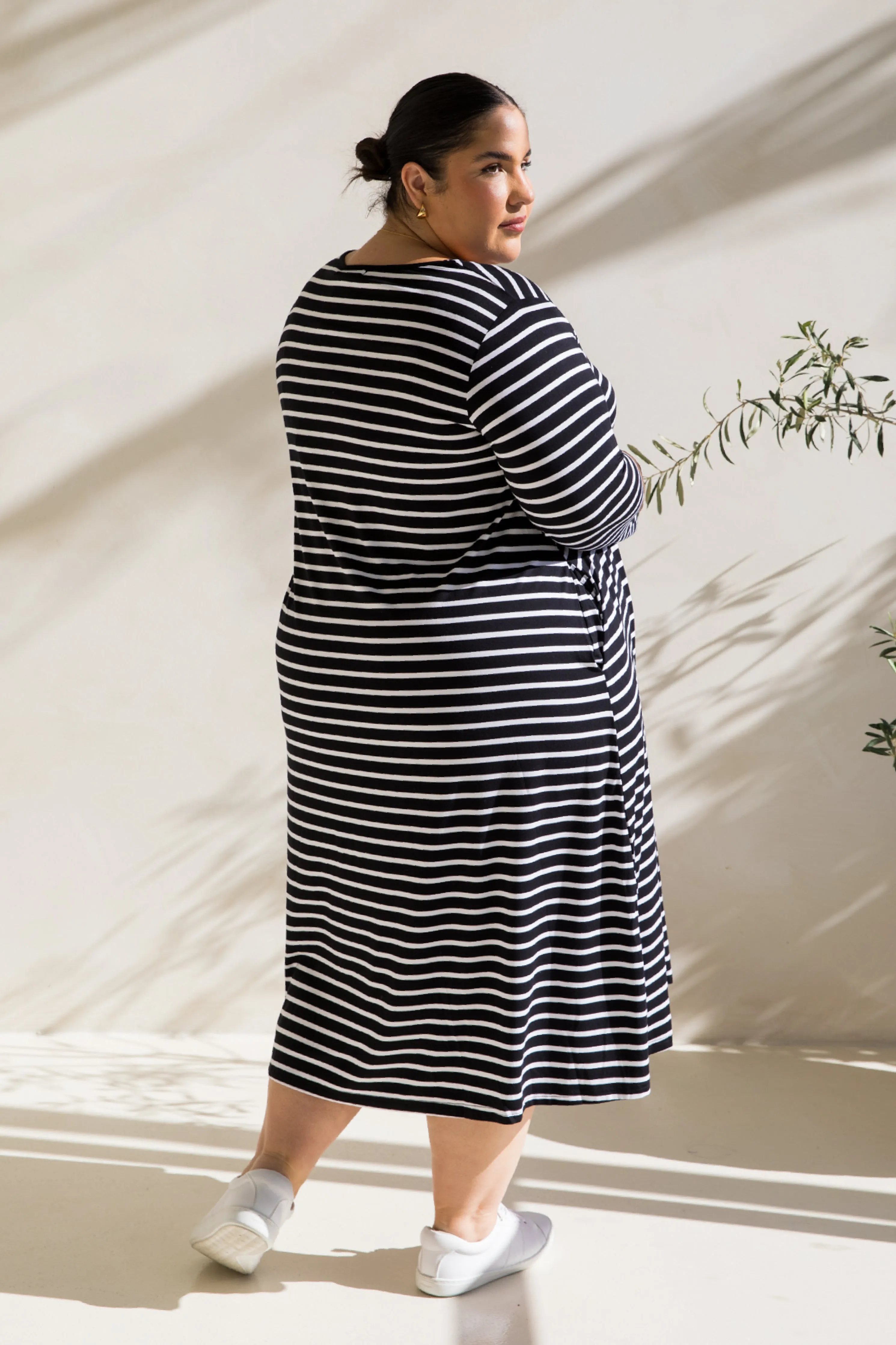 Long Sleeve T-Shirt Dress in Black/White Stripe