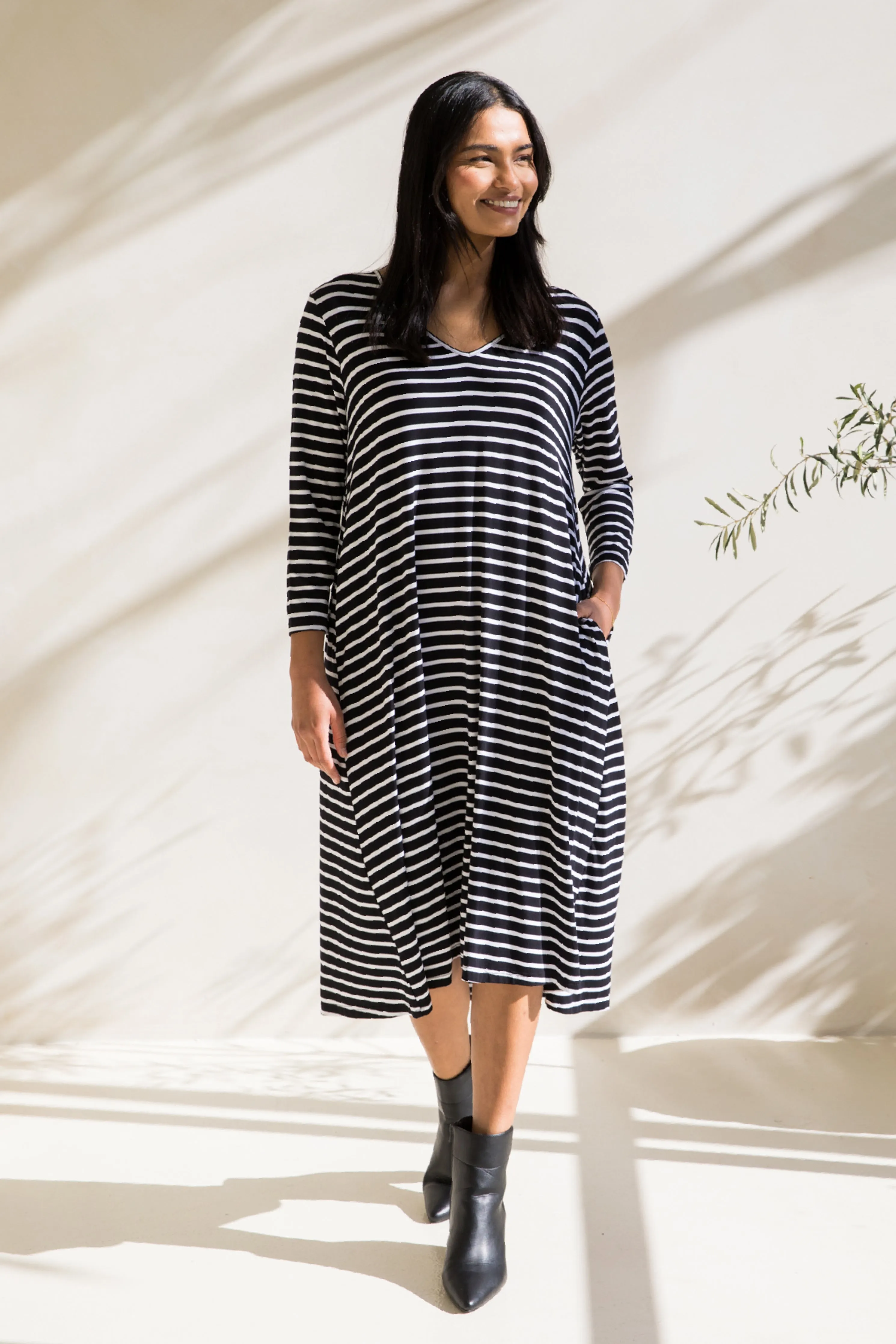 Long Sleeve T-Shirt Dress in Black/White Stripe