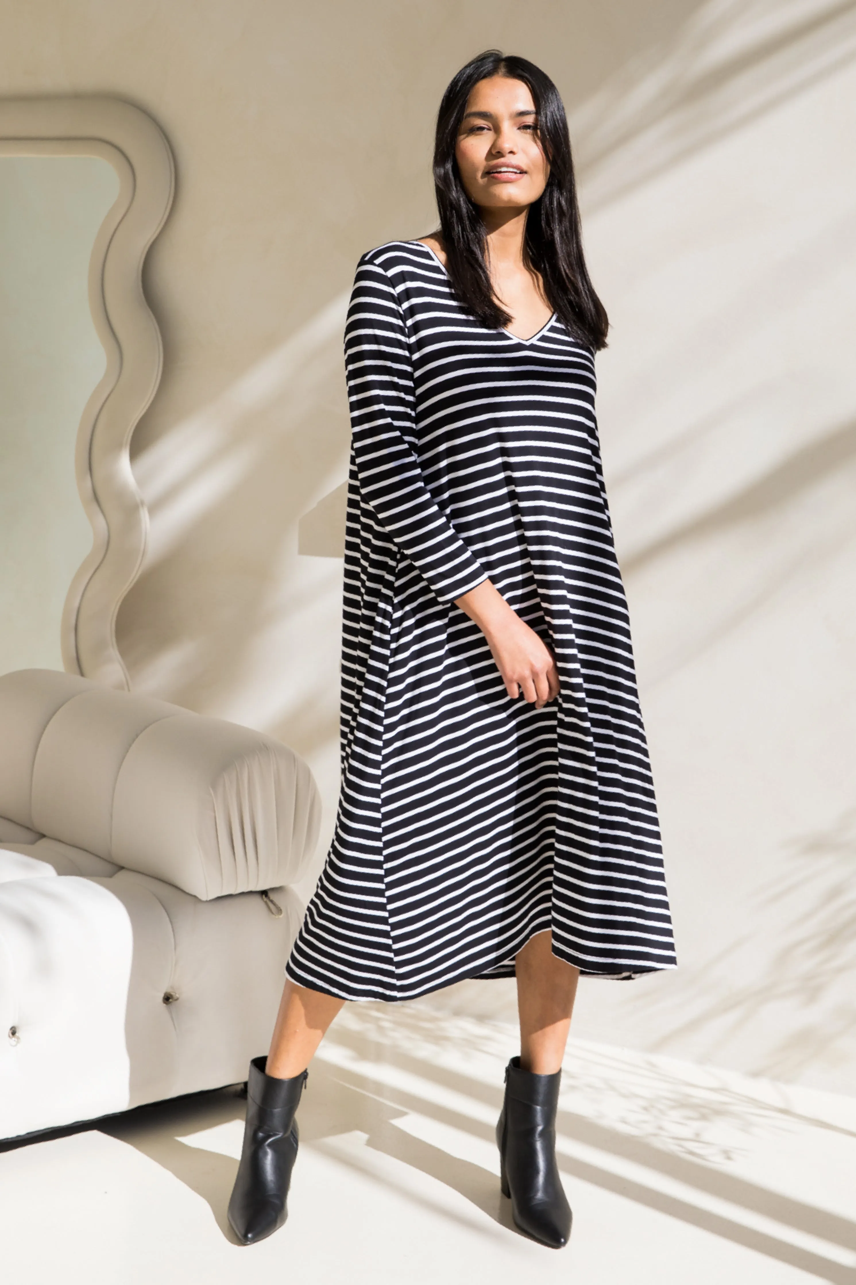 Long Sleeve T-Shirt Dress in Black/White Stripe