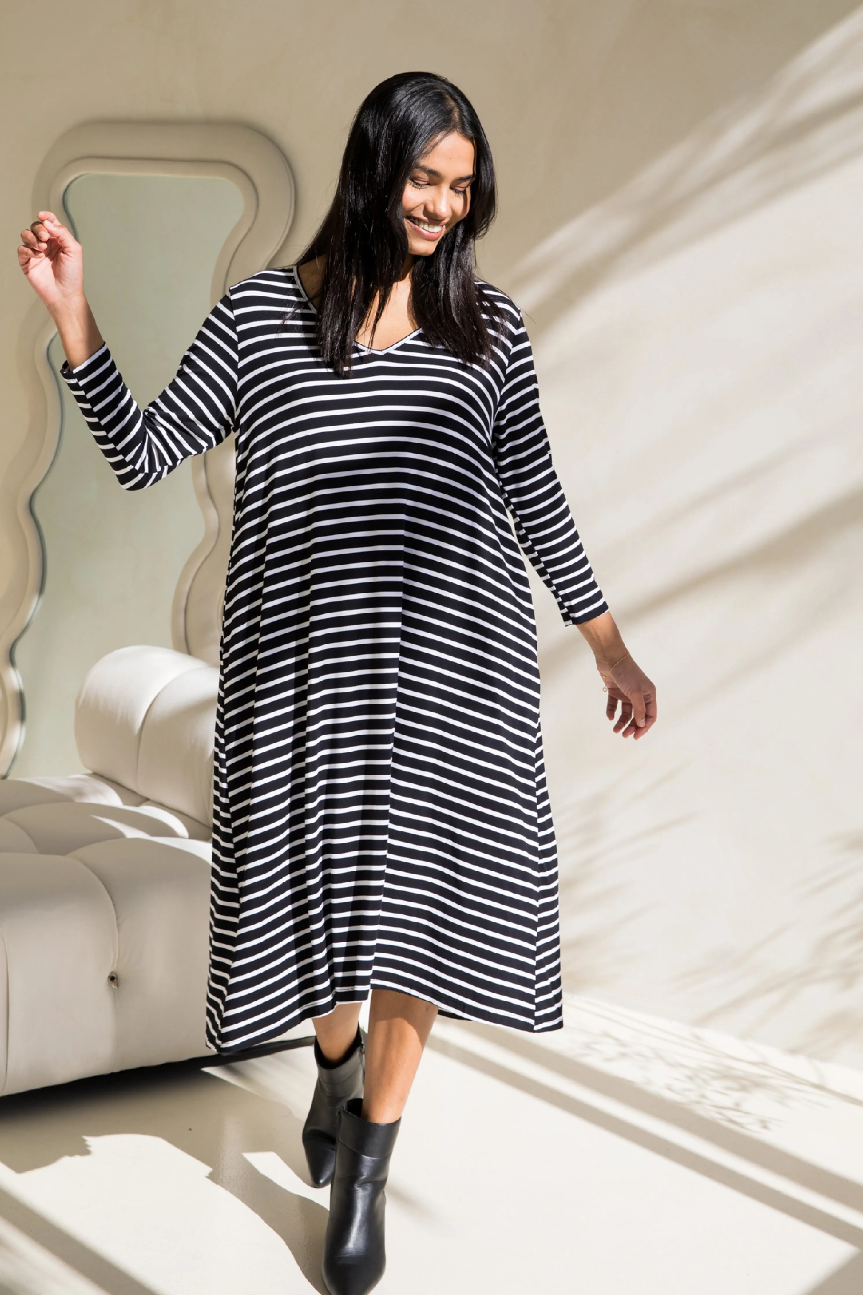 Long Sleeve T-Shirt Dress in Black/White Stripe