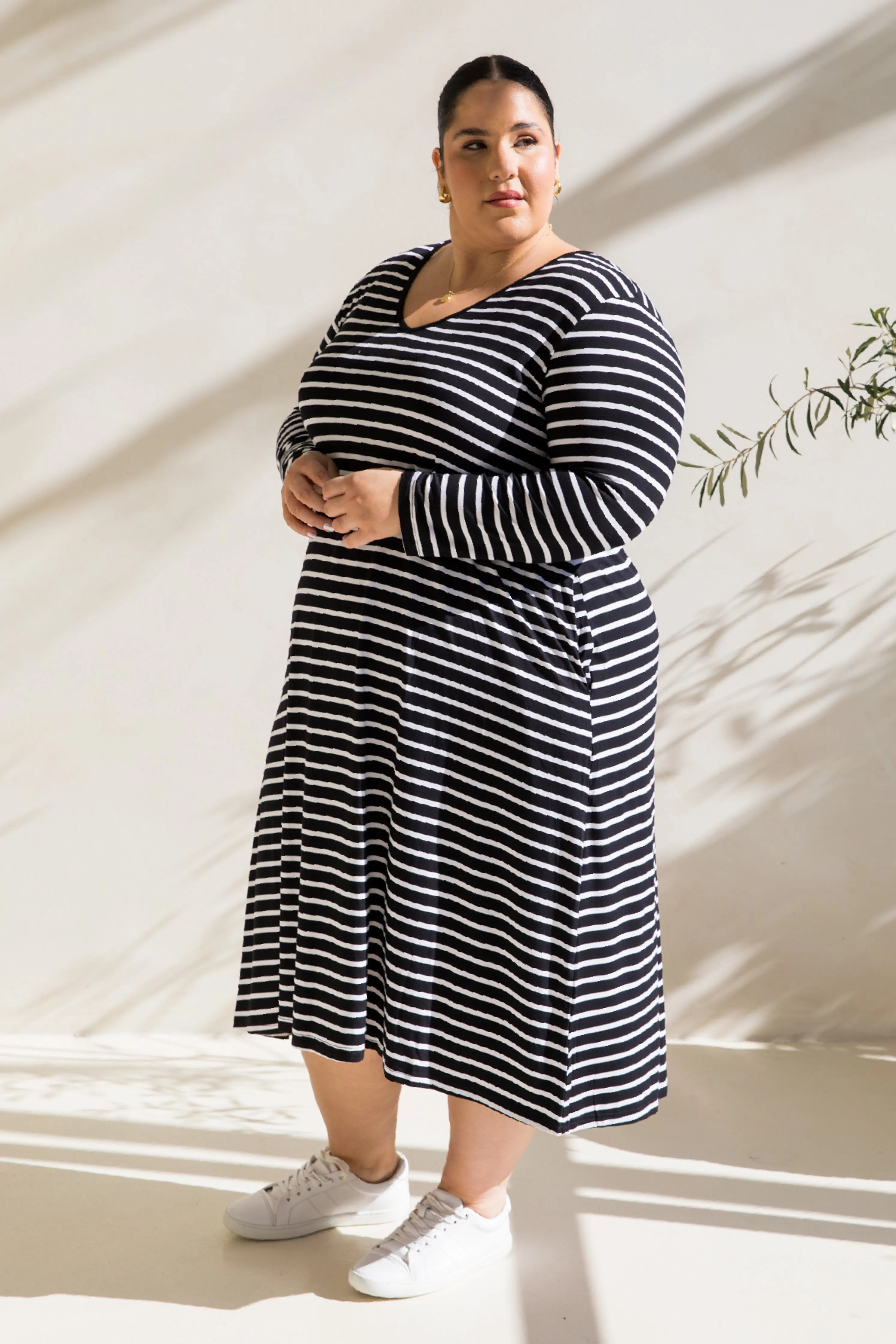 Long Sleeve T-Shirt Dress in Black/White Stripe