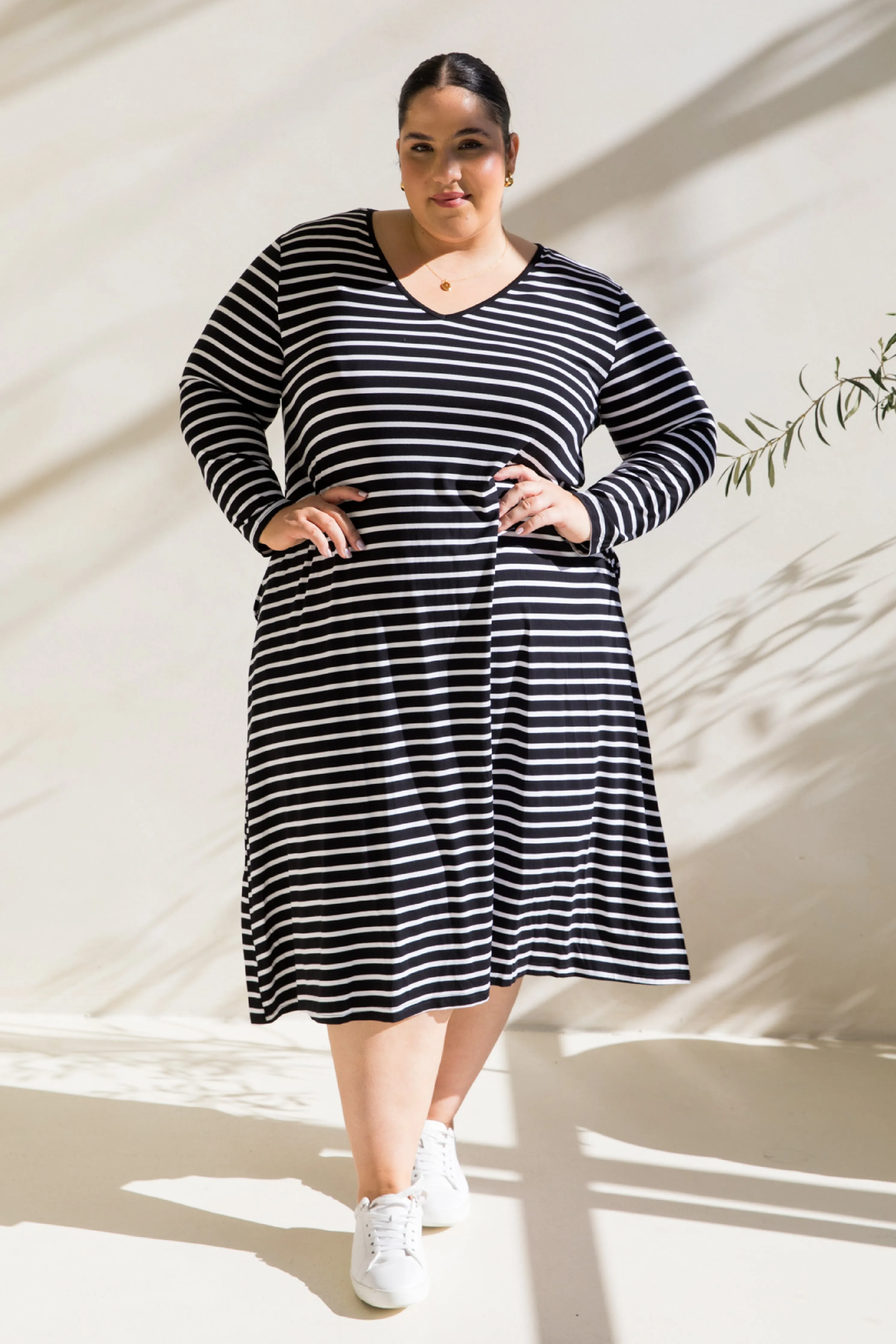 Long Sleeve T-Shirt Dress in Black/White Stripe