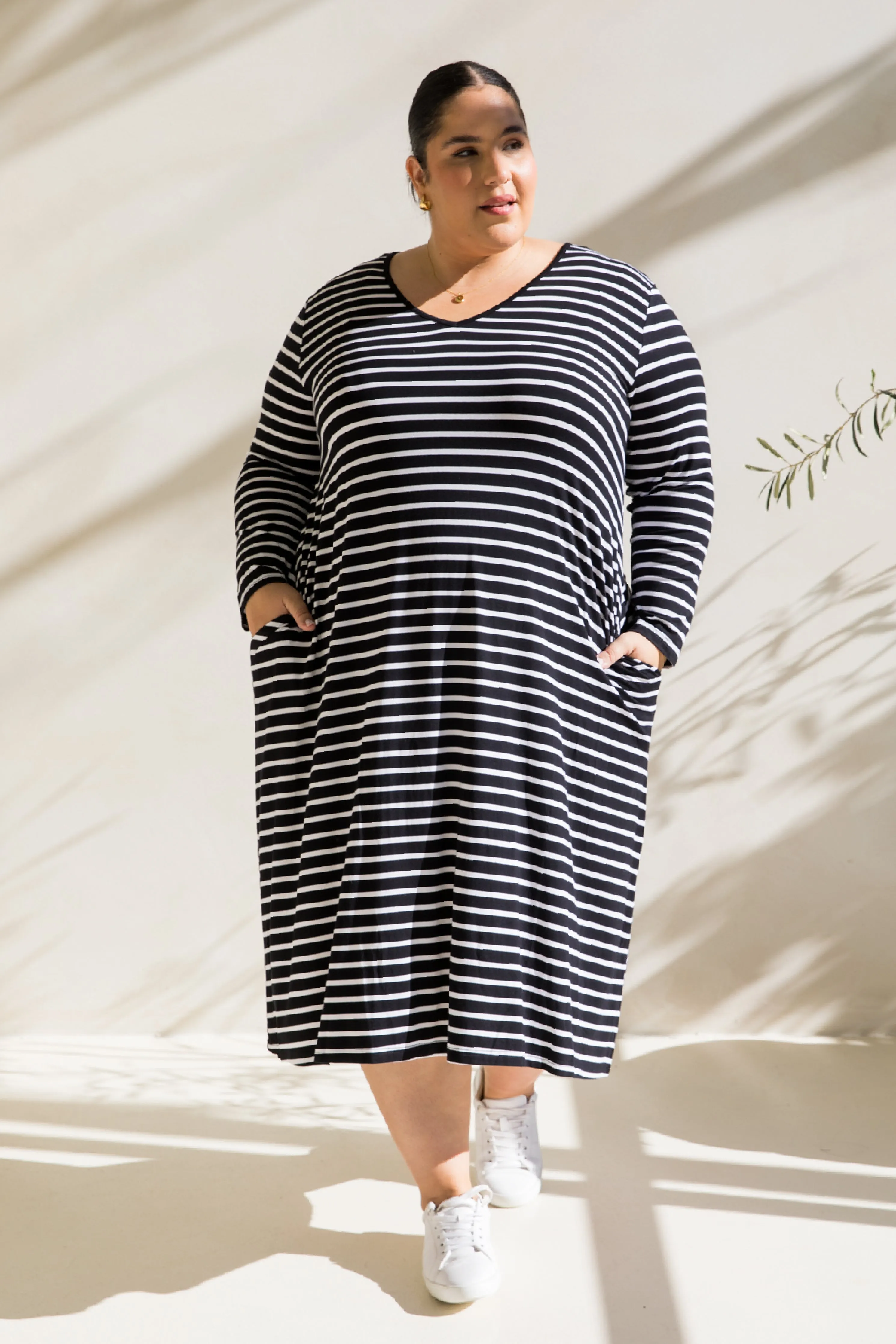 Long Sleeve T-Shirt Dress in Black/White Stripe