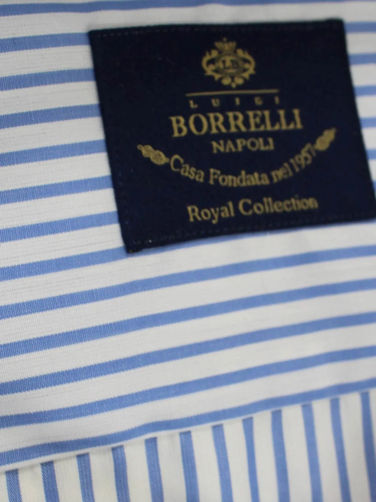 Luigi Borrelli Dress Shirt White Navy Stripes 44 - 17 1/2 ROYAL COLLECTION - SALE