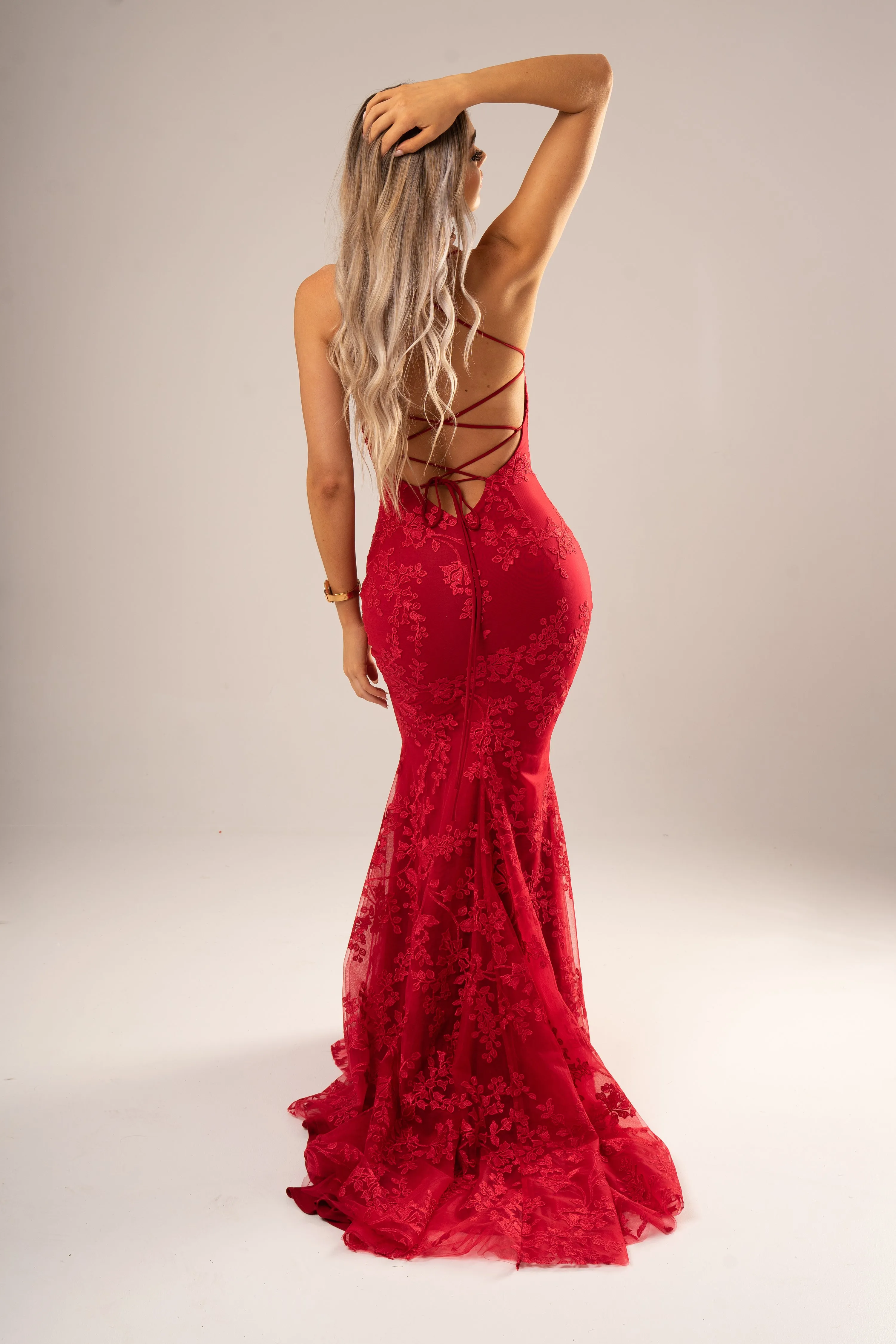 Maroon red lace criss-cross back mermaid dress