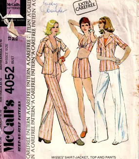 McCall's 4052 Womens Wide Collar Shirt Jacket Bra Top Shorts & Pants 1970s Vintage Sewing Pattern Size 12 Bust 34 inches